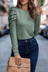 Green Buttoned Puff Long Sleeve Sheath Top