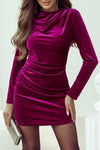 Pitaya Pink Velvet Mock Neck Ruched Long Sleeve Bodycon Dress