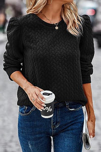 Black Cable Textured Puff Sleeve Sweatshirt