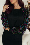 Black Sequin Raglan Sleeve Crewneck Pullover Sweatshirt