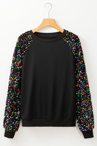 Black Sequin Raglan Sleeve Crewneck Pullover Sweatshirt