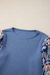 Ashleigh Blue Ruffled Floral Sleeve Patchwork Waffle Knit O Neck Blouse