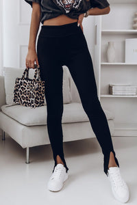 Black Rib Knit High Waist Slit Leggings