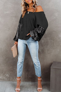 Black Sequin Patchwork Sleeve Open Back Waffle Knit Top