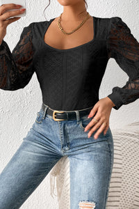 Black Frenchy Contrast Lace Bishop Sleeve Bodysuit