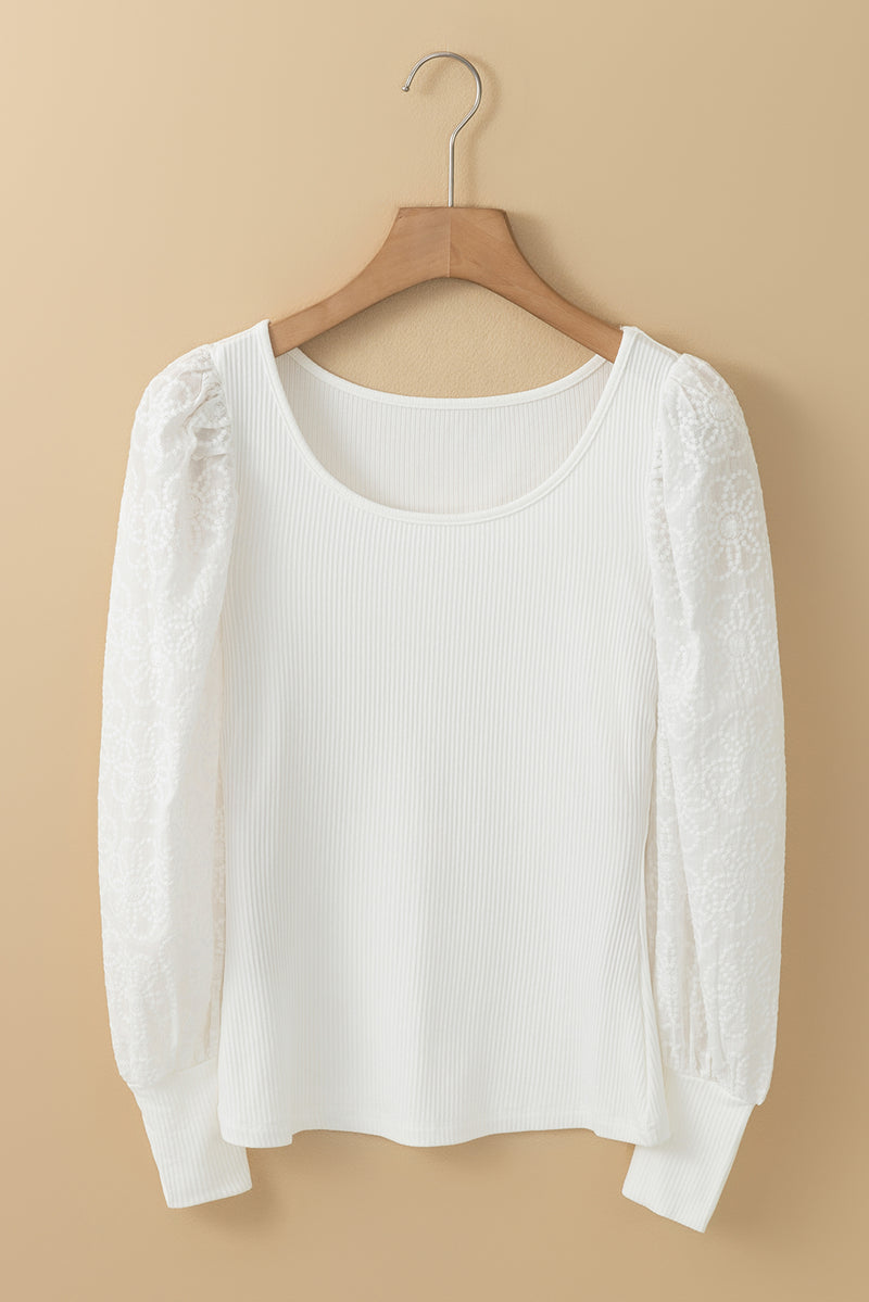 White Flower Puff Sleeve Ribbed Knit Top