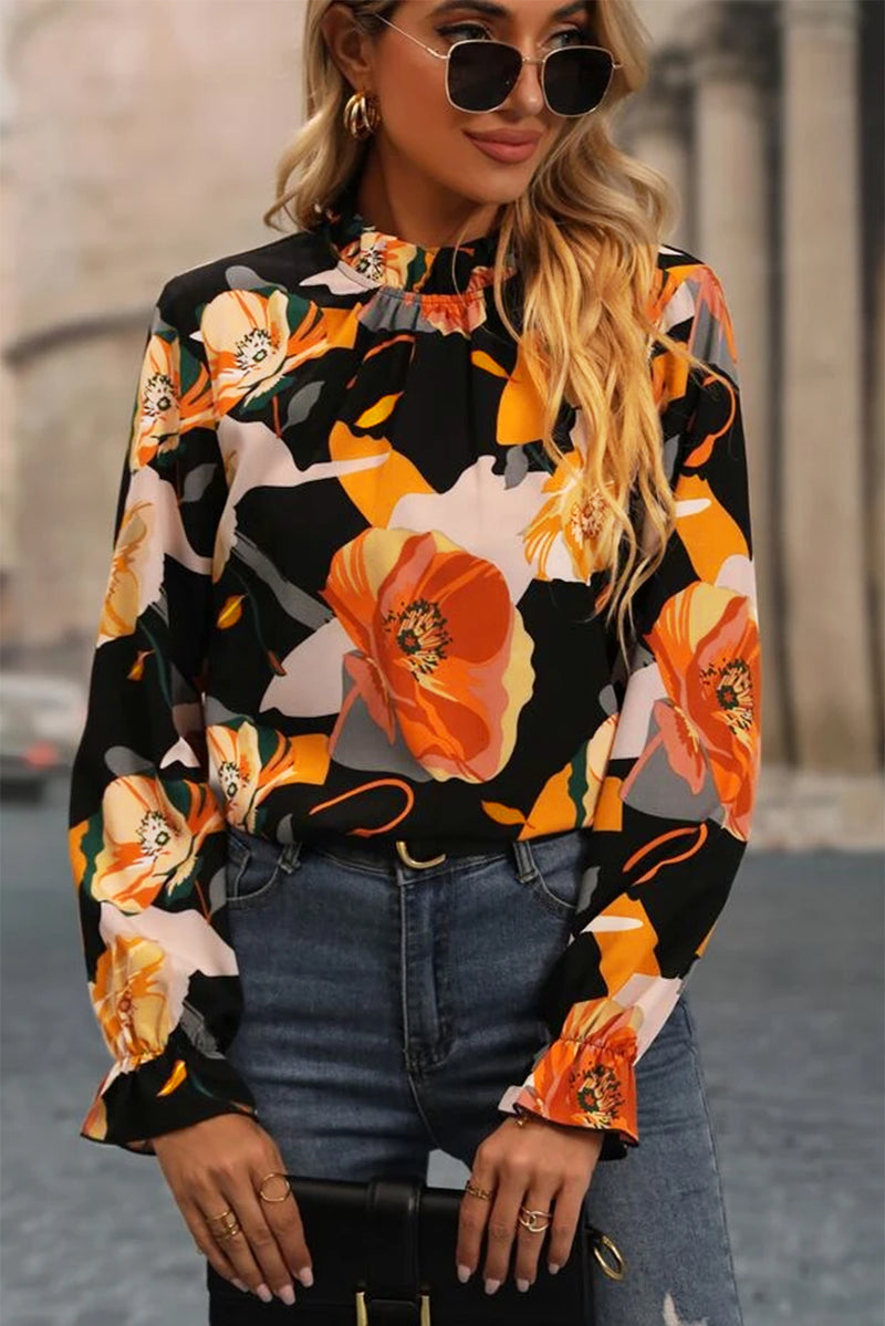 Black Floral Print Mock Neck Blouse