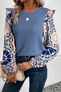 Ashleigh Blue Ruffled Floral Sleeve Patchwork Waffle Knit O Neck Blouse