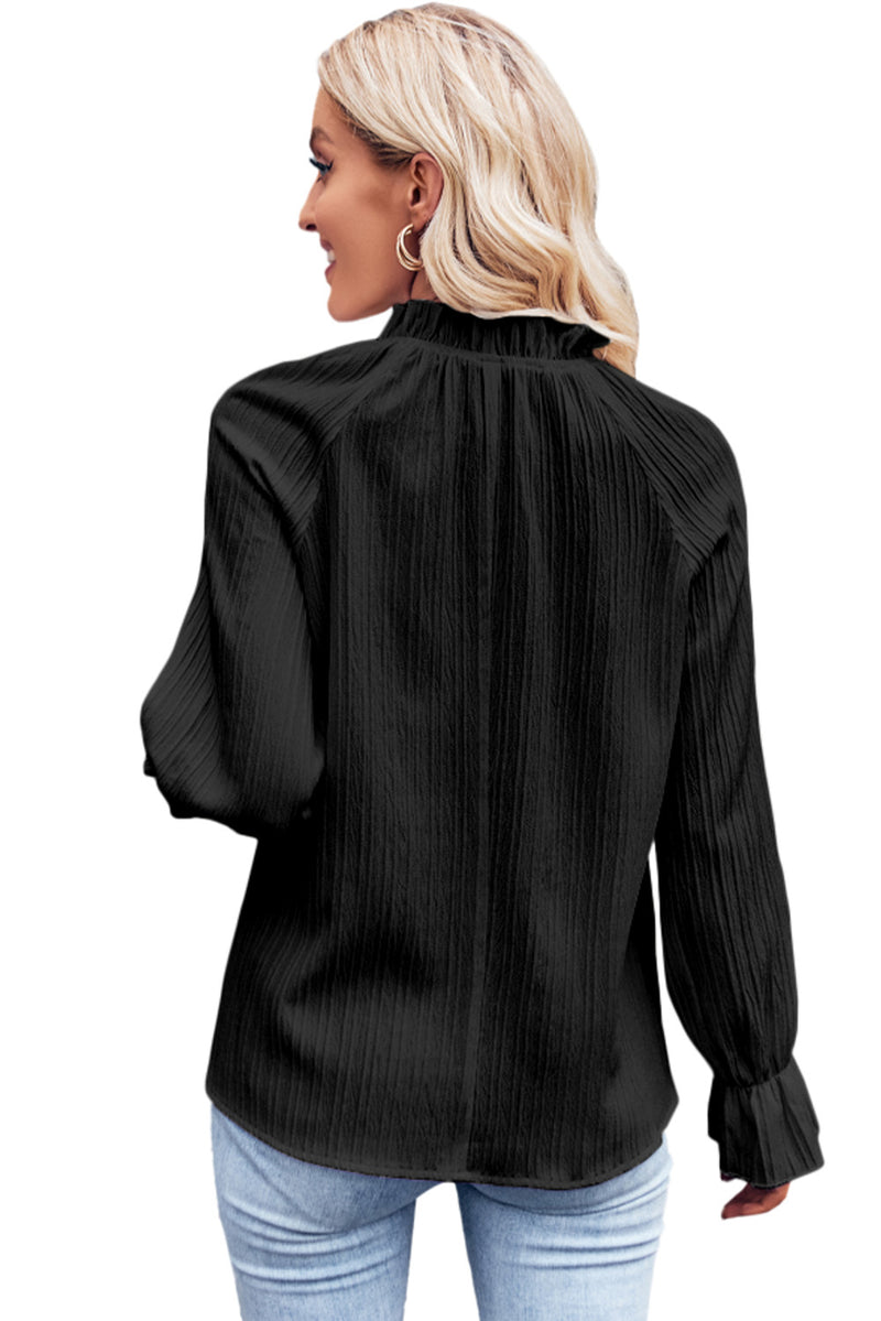 Black Frilled Mock Neck Ripple Bubble Sleeve Blouse