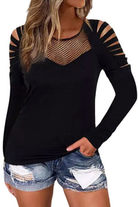 Black Mesh Patch Ripped Long Sleeve Top