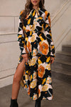 Orange Floral Print Tie Neck Long Sleeve Dress