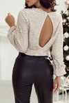 Silvery Sequin Puff Sleeve Cutout Back Blouse