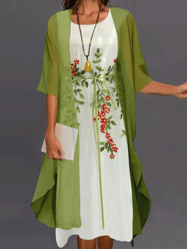 VESTIDO ELEGANTE ISLEEN branco e verde